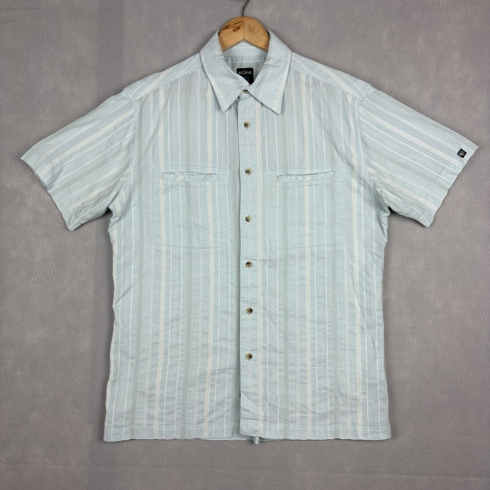Kuhl Karib Shirt Men’s Large Blue Striped Short Sleeve Button Up Hiking Outdoors